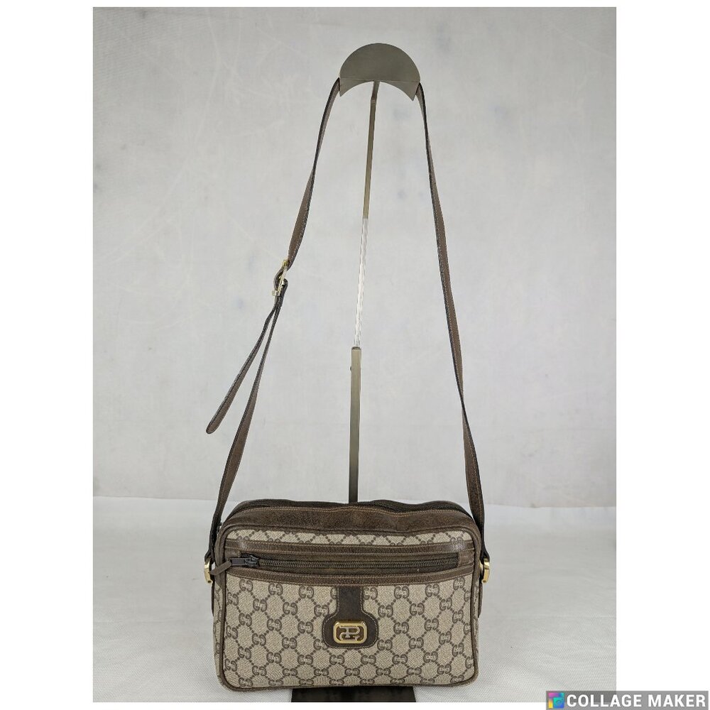 Authentic GUCCI Plus GG Pattern Shoulder/Crossbody Bag PVC Leather Brown Italy